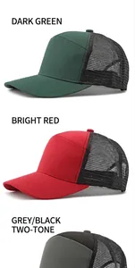 Detail view of breathable mesh trucker caps shown in green, red, and grey colors