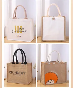 Various styles of customized waterproof jute burlap tote bags with printed logo designs