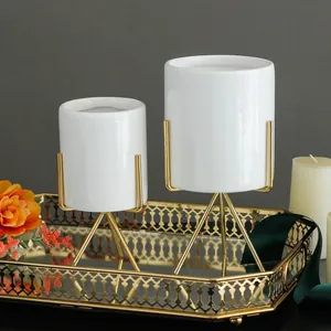 Nordic white ceramic flower pots with elegant gold metal tripod stands in two sizes