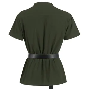 Back view of men's dark green medieval Renaissance warrior shirt with black belt