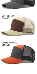 Detail view of mesh back baseball caps in multiple color patchwork designs for sports.