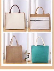 Selection of four large capacity waterproof jute tote bags in natural and teal colors