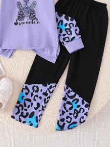 Girl's autumn two-piece set with leopard print patchwork and purple sweatshirt