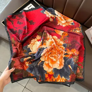Premium red square silk-like scarf with elegant vintage floral and pine patterns