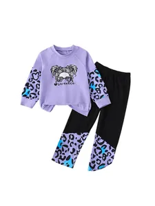 Girls' fashion autumn outfit set with lavender sweatshirt and leopard print trousers