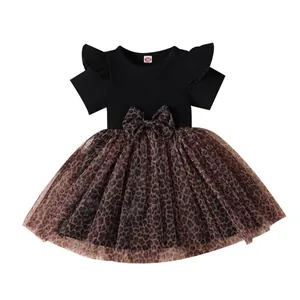 Toddler girl leopard print mesh tutu dress with black ribbed cotton bodice and large bow