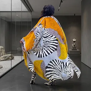 Loose kimono windbreaker with vibrant zebra and feather print for women's autumn style