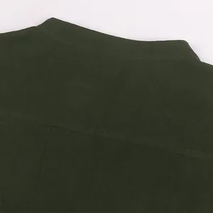 Close-up of the standing collar and back seam on an olive green medieval shirt.