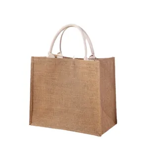 Large capacity eco-friendly jute tote bag with durable cotton handles for shopping