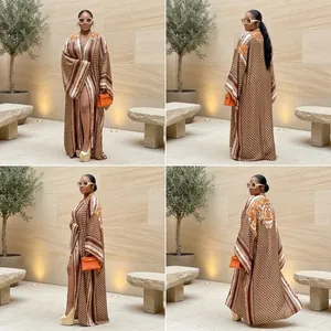 Fashionable autumn printed long sleeve kimono duster coat with loose bohemian pattern