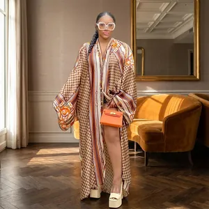 European style loose printed long sleeve kimono windbreaker for women