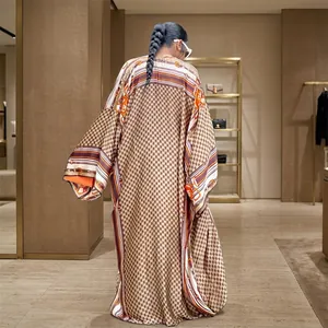 Bohemian printed long kimono robe with loose sleeves and elegant geometric pattern