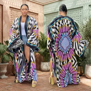 Front and back view of a loose casual geometric print kimono duster coat for women