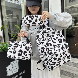 Women's Casual Leopard Cow Print Backpack Set School Bag With Lunch Bag And Pencil Case Waterproof Nylon Student Travel Daypack