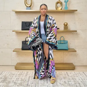 Bohemian style women's autumn long sleeve printed kimono cardigan with geometric patterns