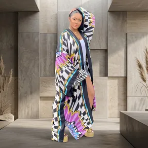 Stylish women's long kimono cardigan featuring vibrant geometric and lightning patterns
