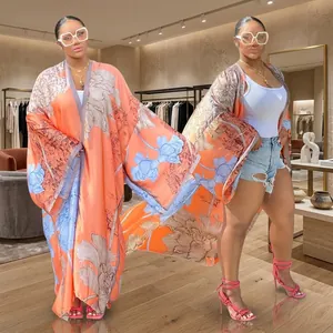 Bohemian style women's orange floral print loose casual kimono long-sleeved cardigan coat