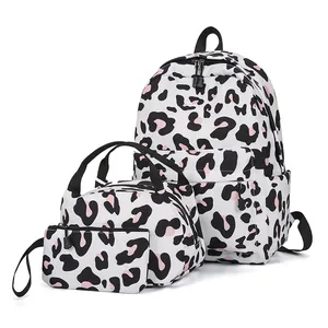 Pink leopard print 3-piece school backpack set with lunch bag and pencil case