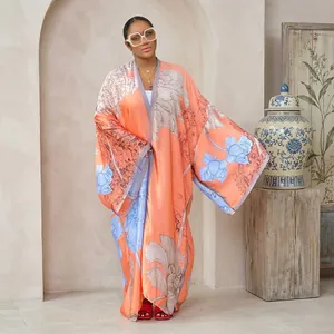 Detailed view of women's loose floral print long-sleeved kimono cardigan for autumn