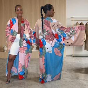 Front and back view of a colorful animal print loose kimono robe cardigan