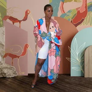Elegant colorful leaf print kimono long cardigan for women in a lifestyle setting
