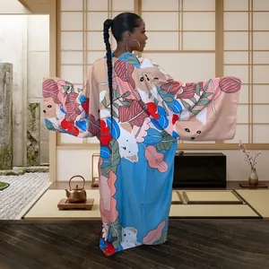 Back view of a women's autumn printed loose casual kimono windbreaker jacket