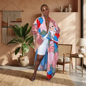Stylish women's bohemian long kimono cardigan with colorful floral leaf print detail