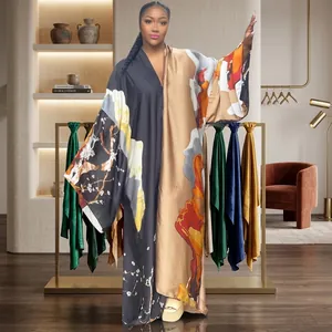 Elegant women's loose printed kimono robe with long sleeves and artistic floral patterns