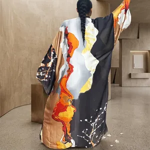 Back view of long loose-fit kimono robe featuring bold abstract floral print pattern