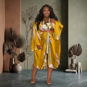 Elegant mustard yellow floral print kimono robe for women with a loose and casual fit