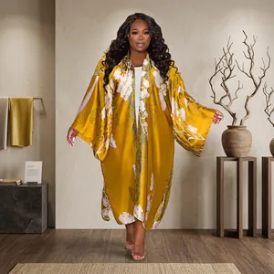 Elegant mustard yellow floral print loose casual kimono robe for women with long sleeves