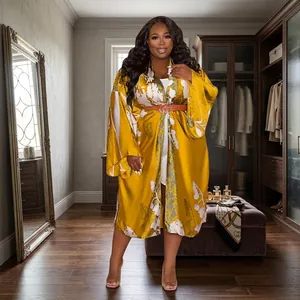 Elegant yellow floral print satin kimono coat for women featuring long sleeves and loose fit