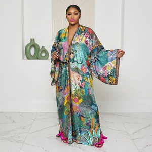 Full-length bohemian floral printed long sleeve loose kimono cardigan for women outdoors