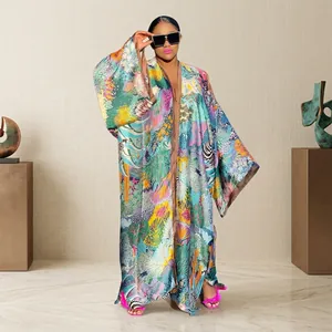 Bohemian vibrant floral print long-sleeve loose kimono cardigan for stylish women.