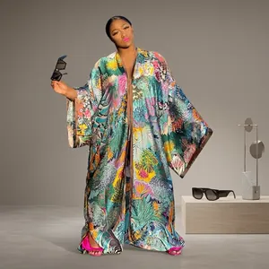 Vibrant floral print long kimono trench coat with loose casual fit for women style