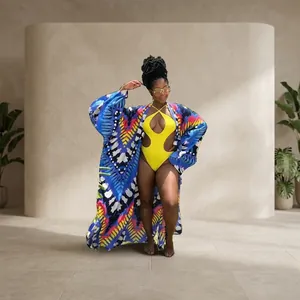 Vibrant ethnic print long sleeve kimono cover-up with yellow cutout swimsuit set