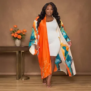 Bohemian long-sleeved floral print kimono cover-up for women in orange and blue