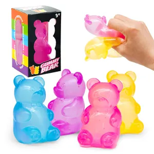 Vibrant colorful gummy bear squishy stress relief toy set with retail packaging box
