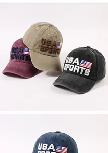 Detailed view of washed cotton baseball caps with USA SPORTS embroidery and flag