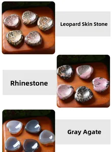 Set of heart-shaped worry stones in leopard skin stone, rhodonite, and gray agate