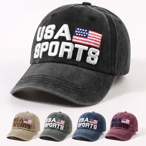 Washed Cotton USA Baseball Cap Embroidered Letters US Flag Retro Distressed Trucker Hat Adjustable Sport Cap For Men Women