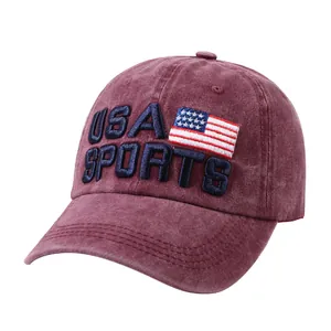 Washed burgundy cotton baseball cap with USA SPORTS embroidery and American flag