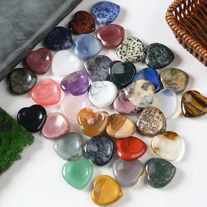 30mm polished natural crystal heart worry stones in assorted colorful agate stone varieties