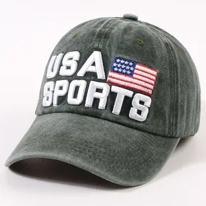 Vintage washed cotton USA baseball cap featuring embroidered flag and sports lettering