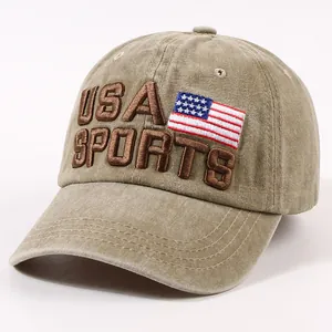 Vintage washed cotton USA SPORTS baseball cap with embroidered American flag patch