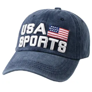 Vintage washed cotton baseball cap featuring USA SPORTS embroidery and American flag patch