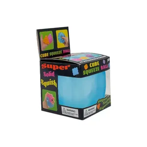 Blue cube-shaped squeeze ball stress relief toy in its colorful retail packaging