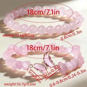 Detailed measurements of pink crystal beaded bracelet set with butterfly charm