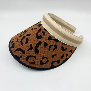 Close-up of leopard print knitted empty top sun visor hat for summer beach wear