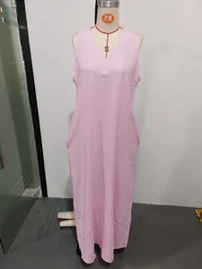 Pink sleeveless cotton linen maxi dress with V-neck and side pockets for casual wear